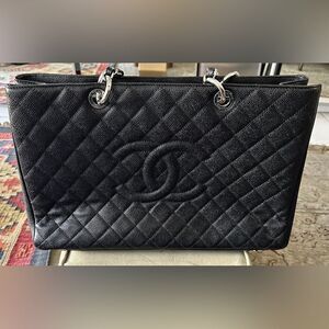 Chanel Grand Shopping Tote - black leather & silver chain - 100% Authentic.